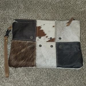 Myra bags, hair on wristlet purse, leather